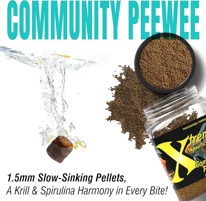 Xtreme Community Peewee 1.5mm Pellets: Slow Sinking & Ideal for Community Fish - Boosts Immune & Digestive Health, Enhances Color & Energy, Max Protein Fish Food – USA Farm Grown (38oz)
