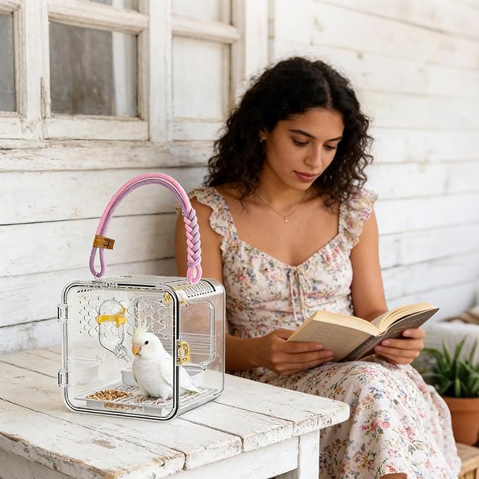 Transparent Bird Carrier Cage, 20x18x19cm Nylon PET Portable Breathable Parrot Cage Flying Squirrel Carrier Travel Bag for Outdoor, Home, Pet Store, Vet Visit, Hiking, Camping