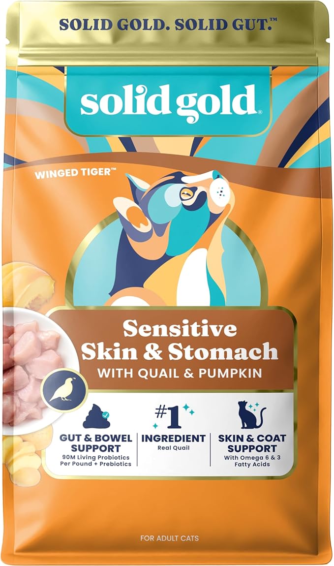 Solid Gold Sensitive Stomach Dry Cat Food - Grain Free Gluten Free Sensitive Stomach Cat Food for Indoor Adult/Senior Cats - Dry Kibble for Cats w/Quail - Probiotics for Gut Health - 6lb