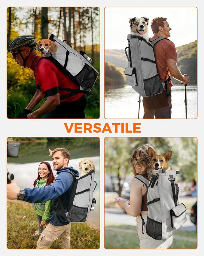 Dog Backpack Carrier for Medium Dogs - 4-Layer Protection, Under 30 lb, Waterproof, Adjustable Dog Travel Bag with Storage Pockets, Reflective Strips, Non-Slip Handle for Hiking - Grey