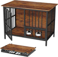41.5" Dog Crate Furniture, Assembly-Free Dog Crates for Large and Medium Dogs, Foldable Dog Kennel Indoor with Adjustable Dog Bowls, Wooden Dog Cage Use as End Table, Pet House for Decorative Indoor