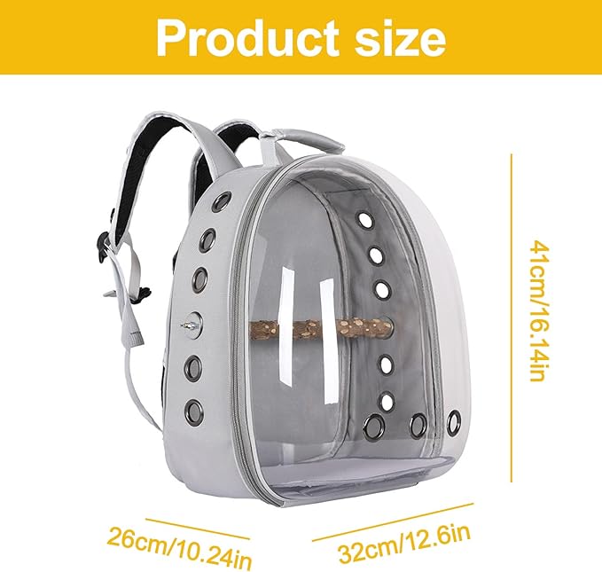 Transparent Parrot Backpack,12 Holes Ventilate Space Capsule Carrier,Stick Wooden Standing Perch,Portable Double Shoulder Outdoor Pet Backpack Carrier for Birds and Pets (Yellow,with Stick)