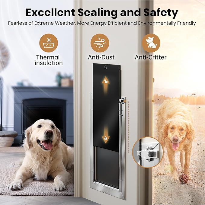 All Aluminum Dog Door with 2 Magnetic Flaps & 1 Replacement Flap, Heavy Duty Large Doggy Door for Exterior Doors, Doggie Door wtih 2 Closing Panels, Dual Aluminum Locks, for Pets Up to 110 Lb