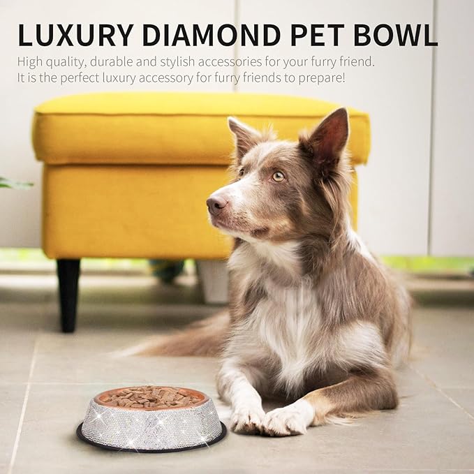 Sparkly Full Rhinestones Designed Rose Gold Stainless Steel Pet Bowl - Stylish and Practical Diamond Food Water Dishes Bowls for Small Medium Large Cats Dogs Rabbits