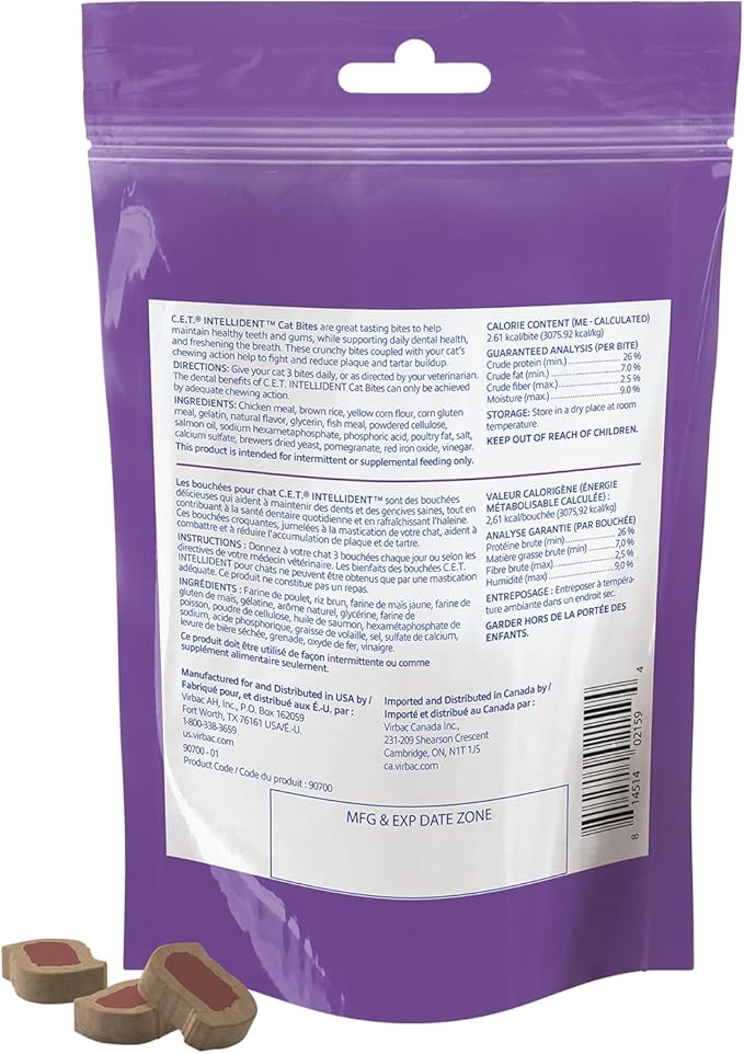 Virbac C.E.T.® INTELLIDENT® Cat Bites for Dental Care | Healthy Teeth and Gums | Fresh Breath, Chicken Flavor