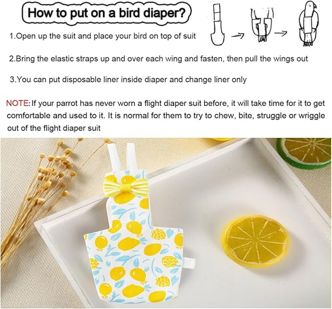 Bird Diaper Carrier Flight Suit Straps, Reusable Training Diaper Set Liners with Hook and Tow Eyes for Parrots and Cockatiels (Yellow LemonV, M)