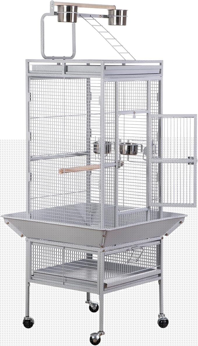 SUPER DEAL PRO 61-inch 2in1 Large Bird Cage with Rolling Stand Playtop Parrot Chinchilla Finch Cage Macaw Conure Cockatiel Cockatoo Pet House Wrought Iron Birdcage, White