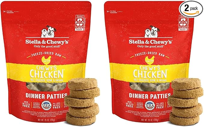 Stella & Chewy's Freeze-Dried Raw Dinner Patties - Chicken Recipe - High Protein Grain-Free Puppy & Dog Food - Perfect for Picky Eaters - 25 oz,(Pack of 2)