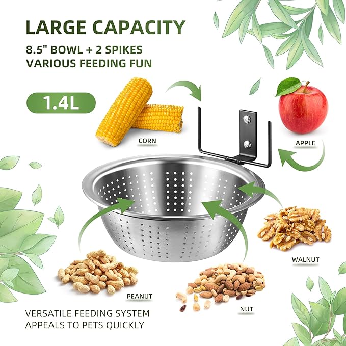 2 Pack Squirrel Feeders Tree/Fence Mounted, 8.5" Removable Colander Bowls (1.4L Each), 2 Corn Cob Spikes for Various Food, Perfect Metal Squirrel Feeders for Outside, Easy to Clean/Refill