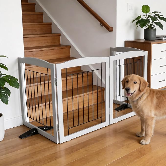 ZJSF Freestanding Dog Fence Indoor, Foldable Dog Gate for Doorways, Stairs or Hallways, Sturdy Wood Extra Wide Pet Gate with Support Feet for The House, Grey, 24 "Height-3 Panels