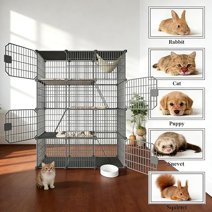 Large 4-Tier Cat Cage Indoor, DIY Cat Enclosures Detachable Metal Wire, Indoor Cat Crate Exercise Place Ideal for Kitty, Small Animals (Black, 41" L x 14" W x 55" H, 7)