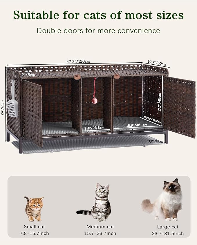 Cat Litter Box Enclosure for 2 Cats, Hidden Litter Box Furniture with Mat, Large Rattan Cat House with Double Room and Door, 47.3 L x 19.7 W x 24 H, 2 S-Shaped Hooks for Living Room Brown