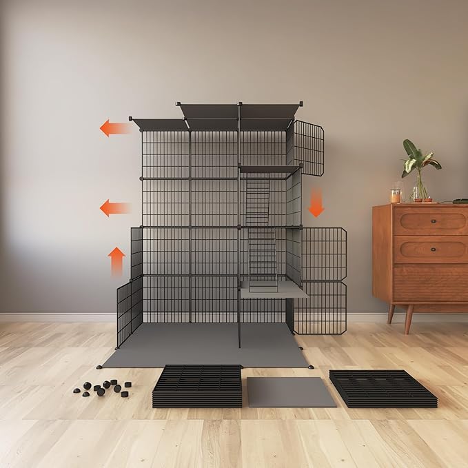 Large 4-Tier Cat Cage Indoor, DIY Cat Enclosures Detachable Metal Wire, Indoor Cat Crate Exercise Place Ideal for Kitty, Small Animals (Black, 41.3" L x 28" W x 55" H, 1)
