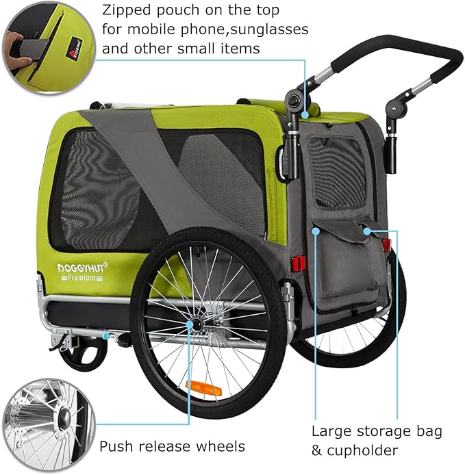 DOGGYHUT® Premium Large/XL Pet Bike Trailer & Stroller for Large Sized Dog or Multiple Small Dogs,Low Center of Gravity,Parking Brakes,Easy Folding Frame,Bicycle Carrier
