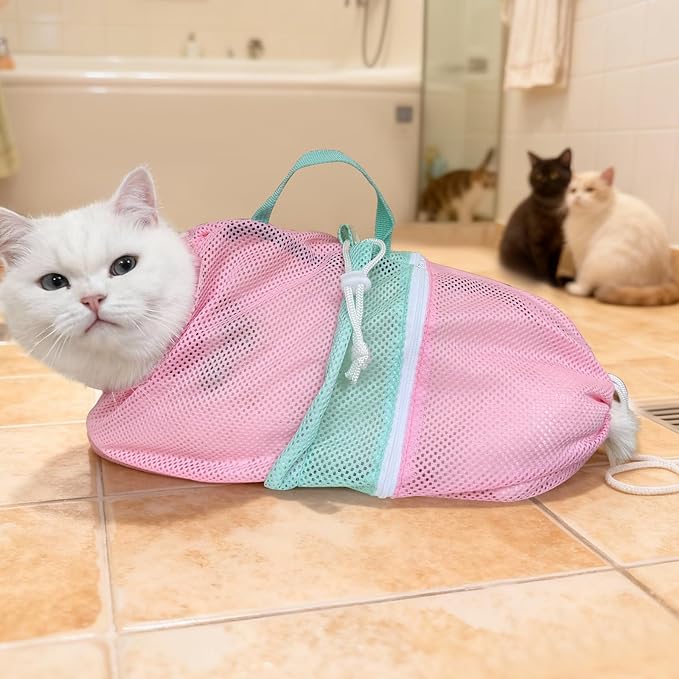 Cinf Cat Bathing Bag, Breathable Mesh Anti Scratch Adjustable Cat Grooming Bag for Nail Trimming, Bathing Soft Cat Washing Bag(Spring) M