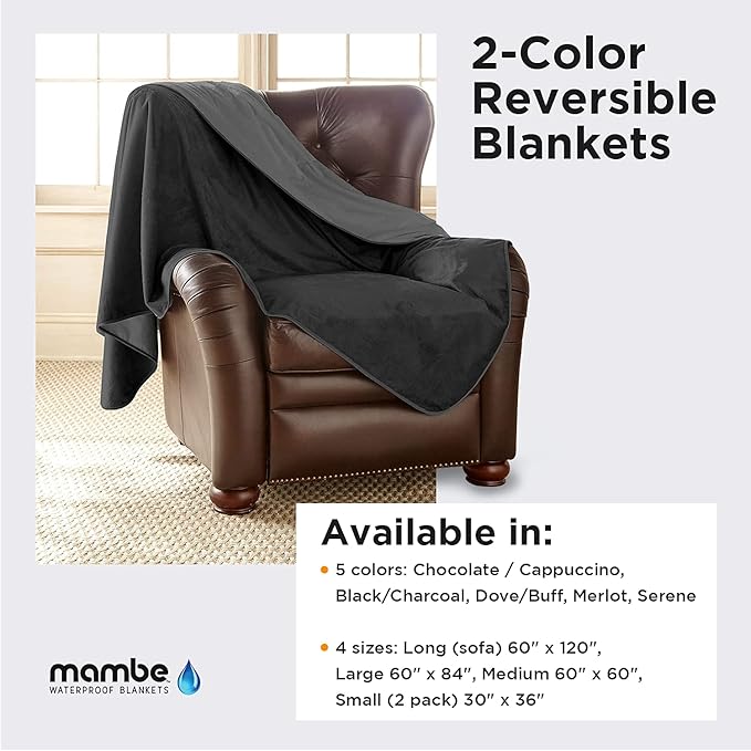 Mambe Silky Waterproof Throw for Protecting Furniture Bed Couch from Stains Caused by Dogs, Cats, Incontinence. Soft, Washable, Reversible. (Size Long/Sofa 70x120 inches, Color Black/Charcoal)