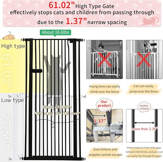 Lumizone Extra Tall Cat Gate 61.02" High Pressure Mounted Extra Wide 2025 New (17 Sizes) 1.37" Gap No Drilling Auto-Close One-Handed Operation Tall Pet Gate for Dogs(Black, 61.02" H x 29.92"-34.24" W)