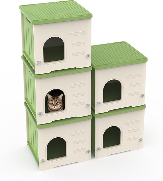 Stackable Cat House for Outdoor Indoor Use, Feral Cat Shelter Weatherproof Waterproof Elevated (Medium)