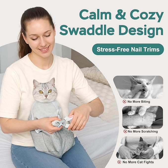 Self-Adhesive Cat Grooming Wrap, Cozy Cat Wrap for Cutting Nails, Breathable Anti-Scratch Cats Swaddle Bag for Brushing, Ear Cleaning, Dental Care, Medication, Injections, Grey M