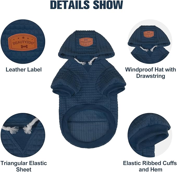 BEAUTYZOO Small Dog Hoodie Sweater with Pockets, Dog Clothes for Small Medium Dogs Boy Girl, Waffle-Like Laminated Cotton Pet Coats with Hat and Leash Hole, Navy Blue M
