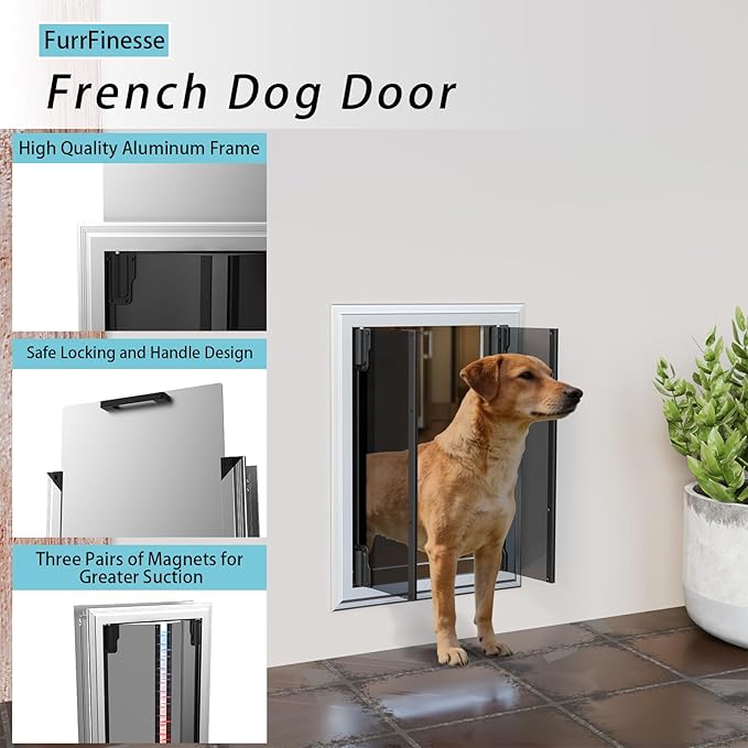Dog Door for Wall, Energy Efficient French Doggy Door with Aluminum Frame, Telescoping Tunnel, Magnetic Flaps and Sliding Lock Panel, Easy Install for Walls 4"- 7 7/8" Thick, Large (up to 80 lbs)
