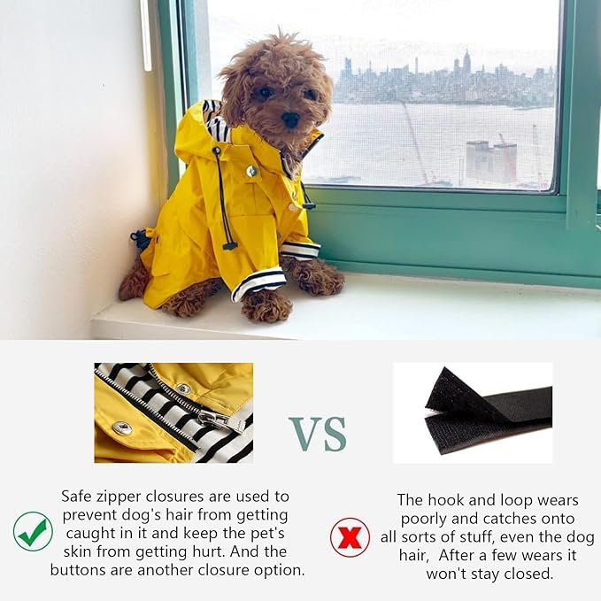Dog Zip Up Raincoat with Reflective Buttons, Rain/Water Resistant, Adjustable Drawstring, Removable Hood, Raincoats with Legs 8lbs to 80lbs Available - Dark Blue - Small
