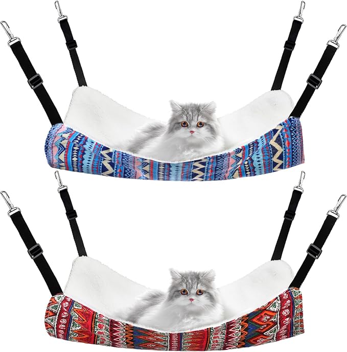 Jetec 2 Pack Cat Hammock for Cage, Catio Accessories Reversible Soft Cats Bed with Adjustable Straps and Hooks Double-Sided Linen and Fleece Hanging Hammock for Cats, Kitten(Ethnic Pattern,M)