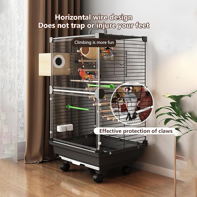 Bird Cage,Large Parrot Cage with Acrylic Doors, 3-Tier Movable Birdcage Parakeet Cage w/Wheels, 360° View Spacious Interactive Bird House (Black, with Bathtub)