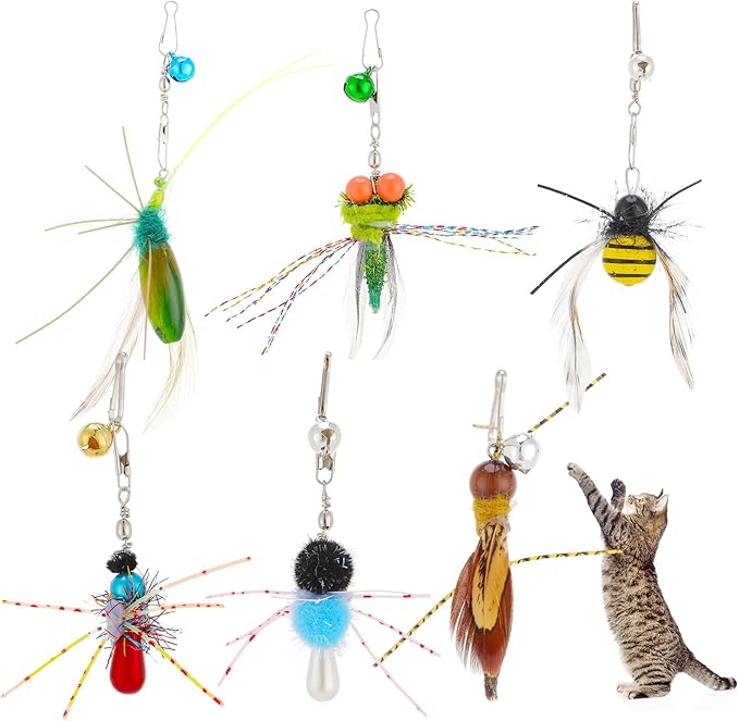 Cat Insect Feather Toys Replacement Cat Toy Wand Refills, 6 Pieces Natural Insect Cat Toy Feathers Refill, Interactive Cat Teaser Wand Attachments, with Bell(Style 8)