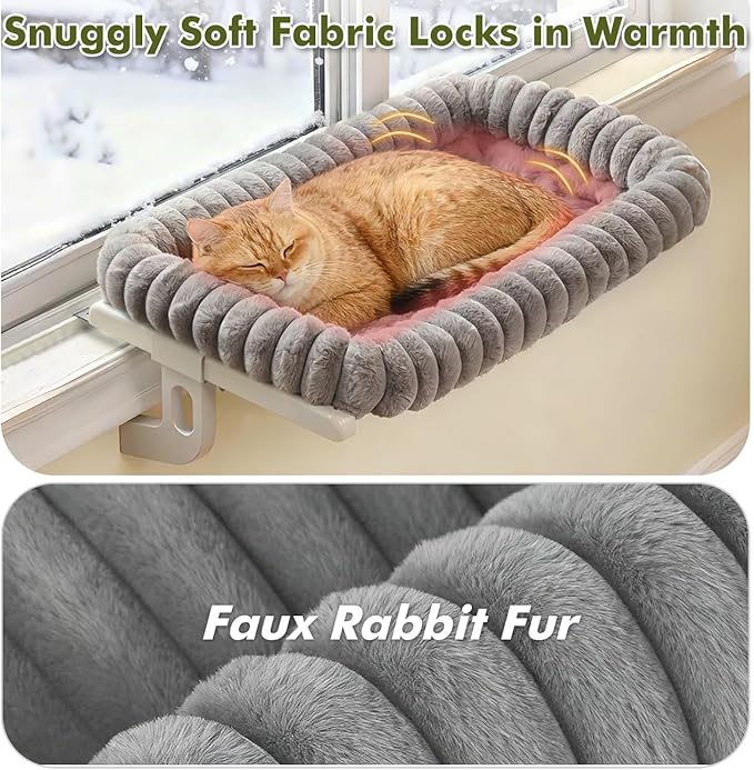 Cloud-Cuddle Cat Window Perch with 4-Sided Bolster, Zipper Design Cushion Window Seat for Window Sill, Sturdy Metal Frame & Easy Assembly Pet Hammock Bed for Indoor Cats (Gray, Large)