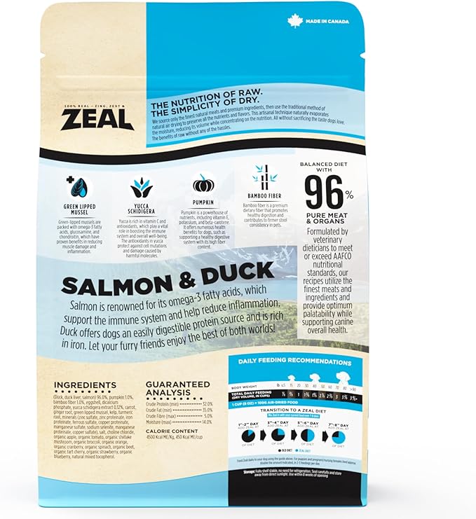 ZEAL Canada Air-Dried Salmon & Duck Recipe for Dogs - Superfood Omega-3 Rich, Dual-Protein, Grain Free, No Fillers, Complete Nutrition (Salmon & Duck, 1 lb)