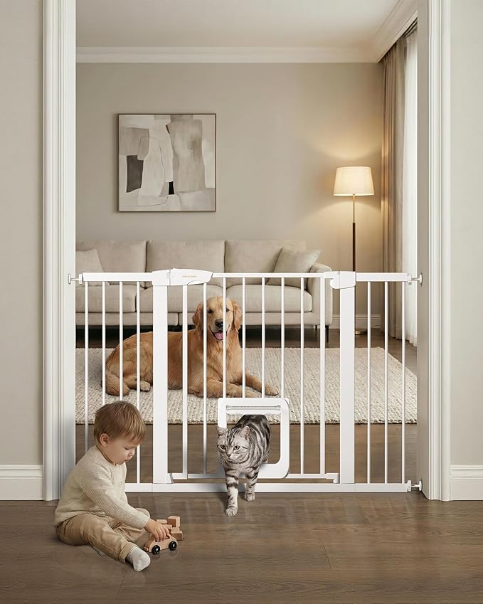 Baby Gate with Cat Door, 29.92-48 ” Wide Baby Gate for Stairs, Pressure Mounted Gate No Drill, Auto Close Dog Gate for Doorways, Easy Walk Through Safety Gates with Pet Door, Indoor, White