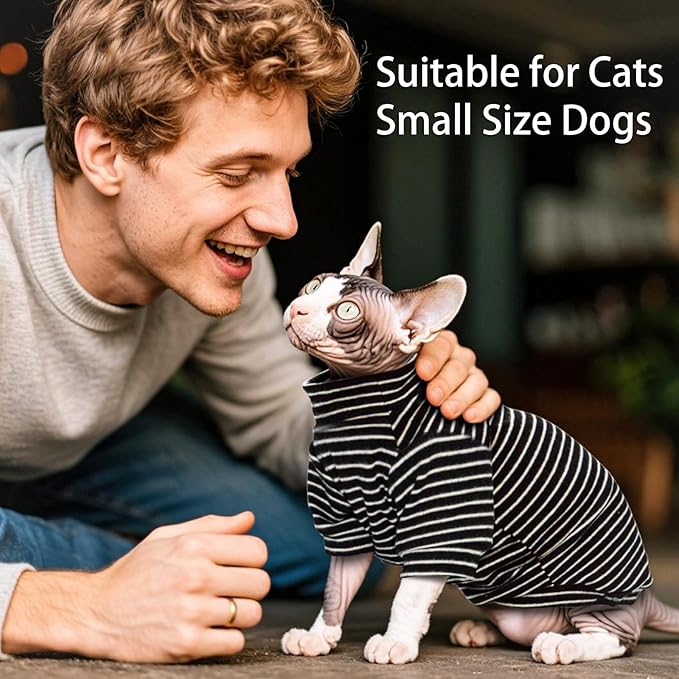Sphynx Cat Sweater Hairless Cat Clothes Sweater Shirt Soft Warm Long Sleeves Pullover Pet Clothes Pajamas Dog Cloth for Small Dogs Jumpsuit Pet Sweaters (B&W Striped, Small)