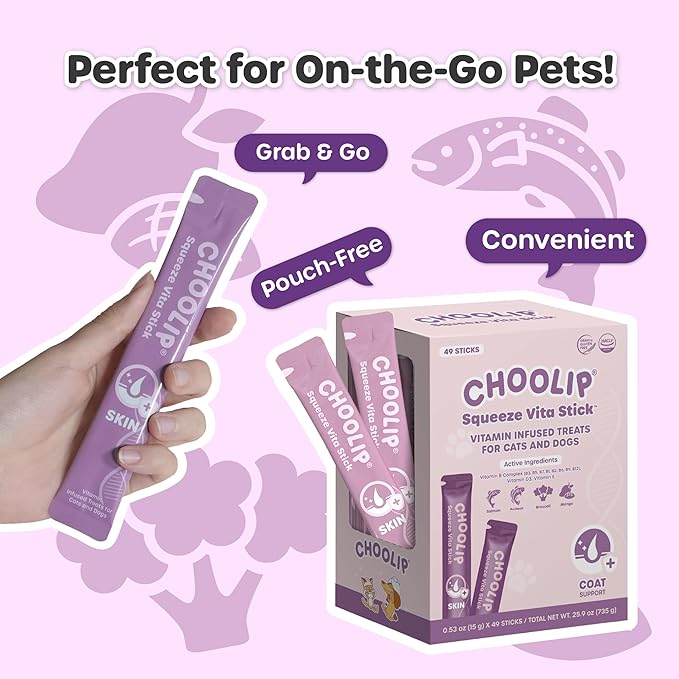 Choolip Squeeze Vita Stick Lickable Cat and Dog Treats, 49-Count Skin and Coat Variety Pack, Salmon and Pollack with Omega-3, Biotin and Vitamin E
