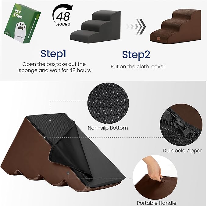 gogobunny Ramp Cat Dog Stairs for Beds, Cat Slope Stairs with Durable Waterproof Fabric Cover, Pet Steps for Old Large Dogs Climbing (Brown, 5-Step (33" D x 15.7" W x 22.6" H), 5.0)