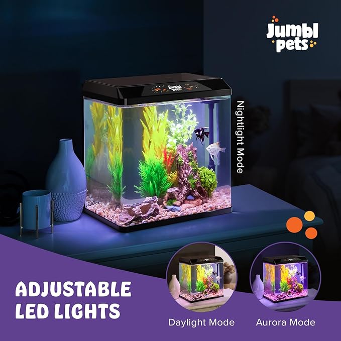 JumblPets Starter Fish Aquarium Kit, 2 Gallon, Complete Beginner Glass Fish Tanks Set with LED Lighting, Internal Filtration System, Filter Media Set, Hood & Lid, Ideal for Freshwater and Marine Fish