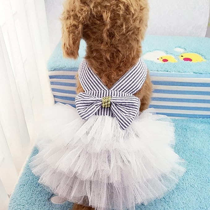 Dog Dresses, Fashion Pet Dog Clothes, Striped Mesh Puppy Dogs Princess Dresses (Blue, Medium)