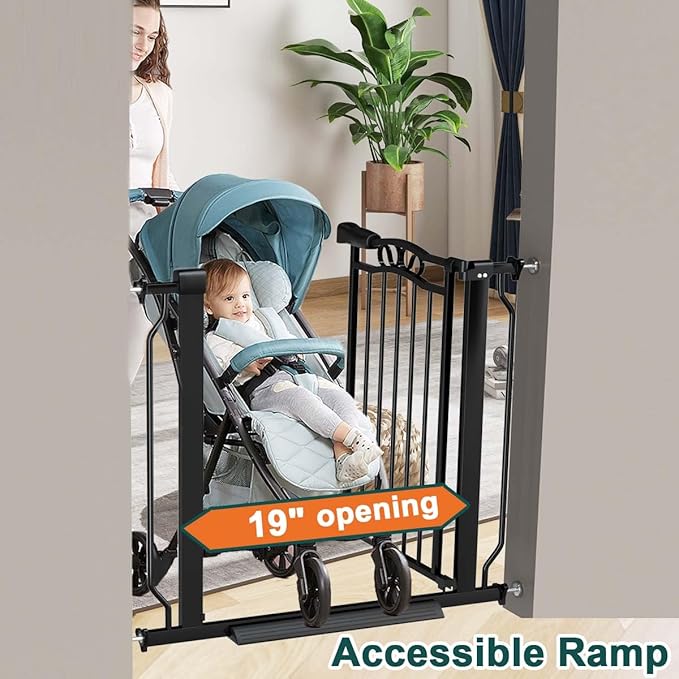 Fairy Baby 29.5"-53.1" Extra Wide Baby Gate for Doorways, No Drill Baby Gate for Stairs Hallway, Pressure Mounted Safety Child Gate Pet Barrier, Walk Thru Auto Close Metal Dog Gate Indoor, Black