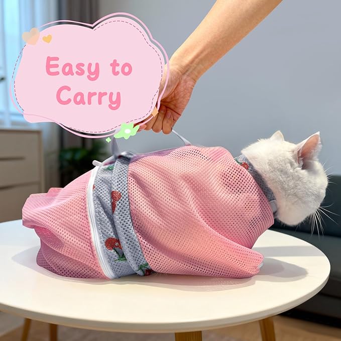 Cinf Cat Bathing Bag, Breathable Mesh Anti Scratch Adjustable Cat Grooming Bag for Nail Trimming, Bathing Soft Cat Washing Bag(Pink&Cherry) M