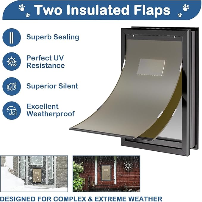 Extra Large Dog Door, XL Dog Door with 2 Self-Closing Insulated Flaps for Extreme Weather, Heavy Duty Aluminum XXL Dogs Doors for Pets Up to 230LBS, for Interior & Exterior Doors, X-Large, Black