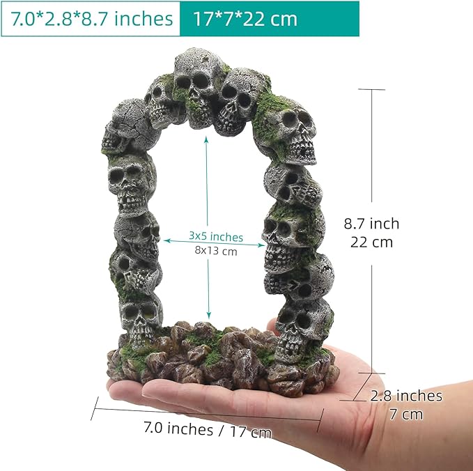Aquarium Skull Cave Rocks, Reptile Tank Accessories, Fish Tank Decorations for Amphibians, Betta Fish, Shrimp, Hermit Crab, Leopard Gecko