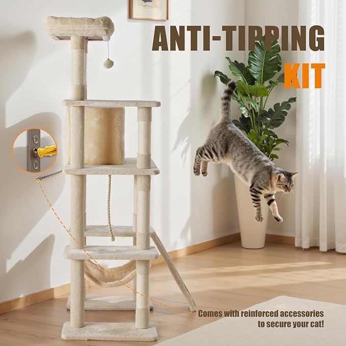 DUMOS Large 63in Cat Tree Tower, Multi Level Cat Climbing Tower with Condo, Natural Sisal Scratching Posts, Extended Platform, Hammock, Pet House for Indoor Cats and Kittens Play, Beige