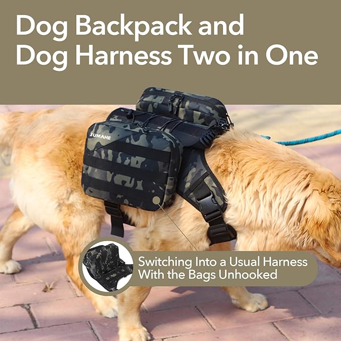 x Jumahe Dog Hiking Backpack for Large/Giant Dogs – 2 Spacious Side Bags, Breathable Waterproof Fabric, Fits Chest 30"-40" (85-120 lbs), 5 Adjustable Buckles, Outdoor Travel Vest,Camo