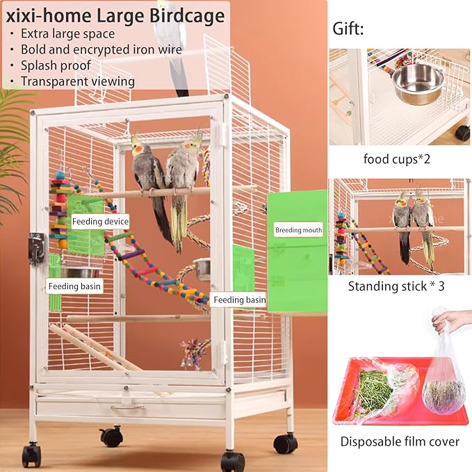xixi-home Parrot Cage,Metal Bird Cage Ornamental Cage -with Play Top and Wheel,Large Birdcage Flight Cages for Outdoors for Parakeet,Lovebirds,Cockatiels(Type A - White)