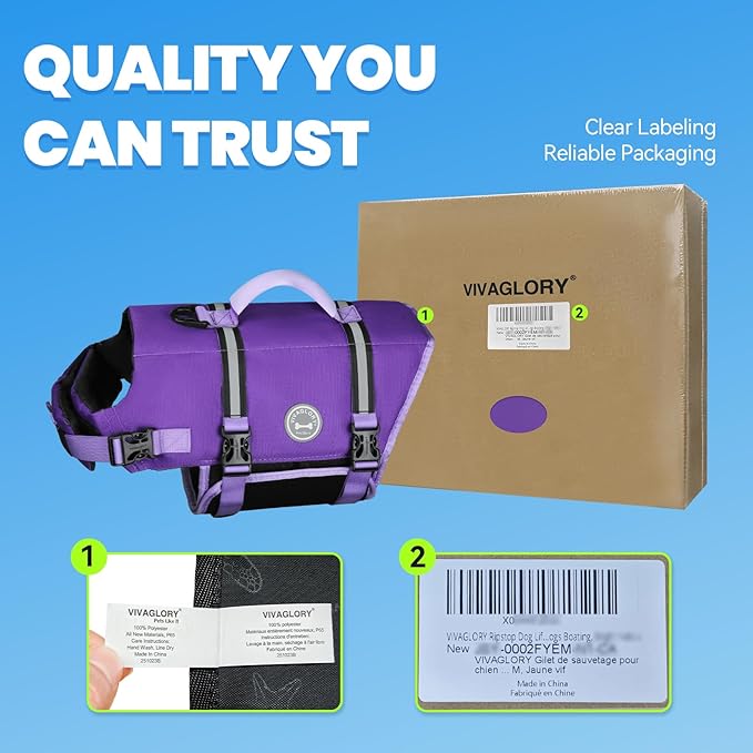 VIVAGLORY Rip Stop Dog Life Vest, Swimming Vest with Handle, Buoyancy for Doggy Puppy, Dog Life Jacket for Swimming & Boating, XXS, Purple
