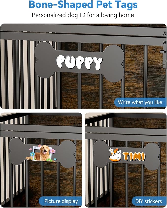 Petrova 39" Dog Crate Furniture for 1 Dogs, Heavy Duty Indoor Dog Kennel for Small/Medium Dogs, Wooden Dog Cage with 2 Storage Drawers, Charging Station, LED Light, Lockable Wheels, Brown