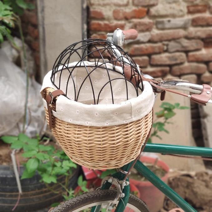 Wicker Bike Basket for Small Dogs Cats Pet Carrier Bicycle Front Basket with Wire Mesh Cover, 30*25cm