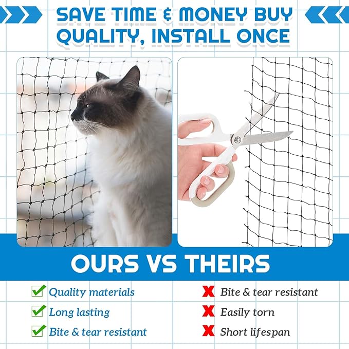 Steel Cat Netting Balcony, 10ft x 20ft Steel Reinforced Cat Wire for Balcony, High Strength Safety Pet Netting for Catio, Proof Screen for Pets, Strong Catio Protection Barrier Mesh Fence