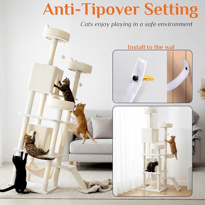 Sweetcrispy Cat Tree 75 Inch, Large Multi-Level Tall Cat Tree Tower with Condo, Perches, Sisal Scratching Posts Board and Hammock, Pet Play House with Dangling Balls for Indoor Cats, Beige