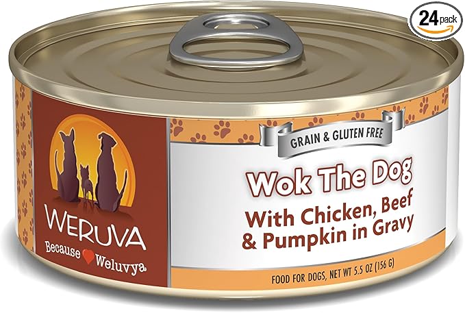Weruva Classic Dog Food, Wok The Dog with Chicken, Beef & Pumpkin in Gravy, 5.5oz Can (Pack of 24), Brown